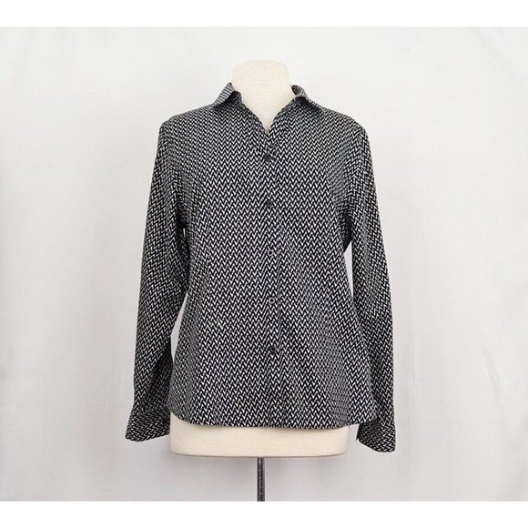 Chico's Blouse Black White Zig Zag Stripe Top Shirt Button Front 2 Misses Size L - Picture 1 of 6
